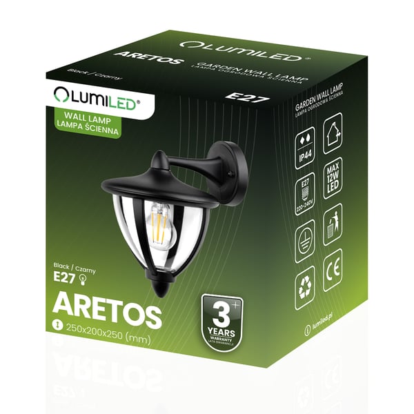 Vägg trädgårdslampa utomhus vägglampa fasadbelysning E27 LED lykta svart ARETOS LUMILED