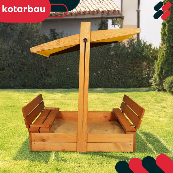 KOTARBAU® Suuri puinen hiekkalaatikko keltaisella katolla, kyllästetty, suljettu, penkeillä, ruskea, 100 x 100 CM