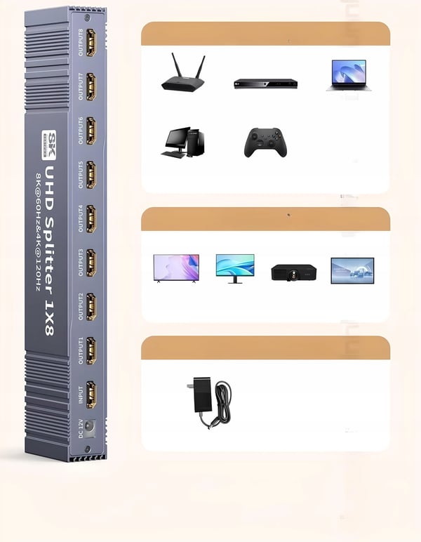 HDMI 2.1 SPLITTER 1x8 ULTRAHD SPLITTER HDCP 2.3 8K60HZ 4K 120HZ - 8 TV