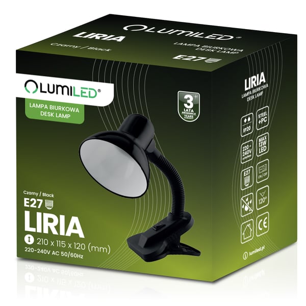 Skrivebordlampe regulerbar LIRIA skolelamp nat E27 klemme sort LUMILED