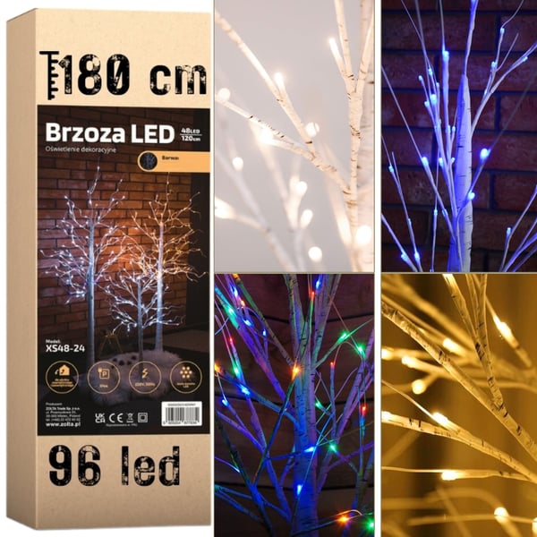 Joulukuusi koivuinen led-joulukoriste 180 cm 96 lediä monivärinen KYLMÄ