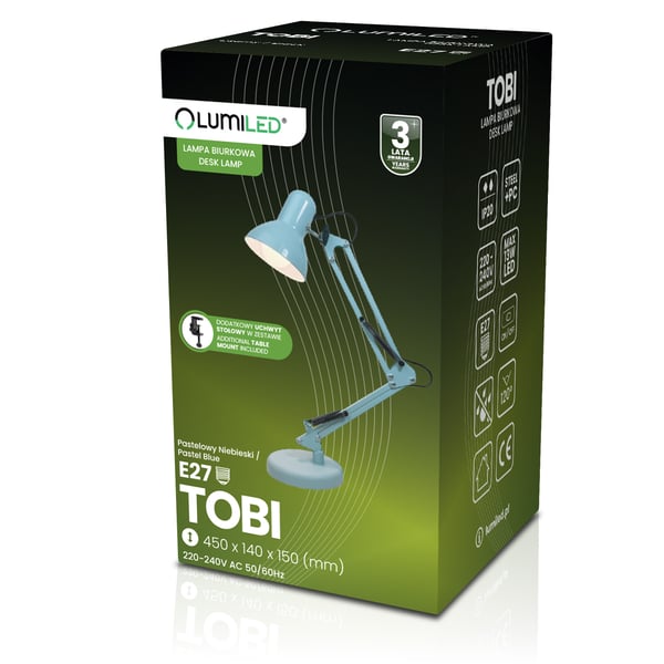 Työpöydän lamppu Piirustus pöytälamppu E27 TOBI Pastellin sininen Lumiled + pöydän kiinnike