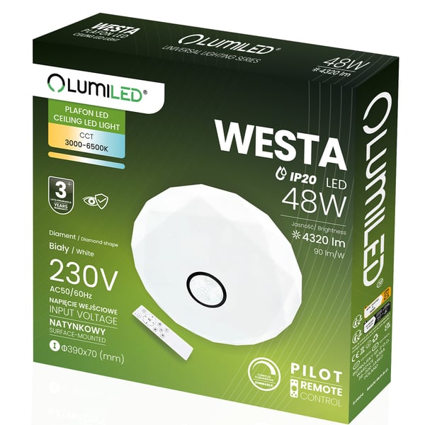 WESTA 48W CCT Hvid Rund LED Loftlampe, Påbygningsmonteret, 40cm + LUMILED Fjernbetjening