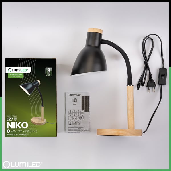 Skrivebordslampe til skole, tegnebord, dekorativ E27, NIKO, sort, Lumiled
