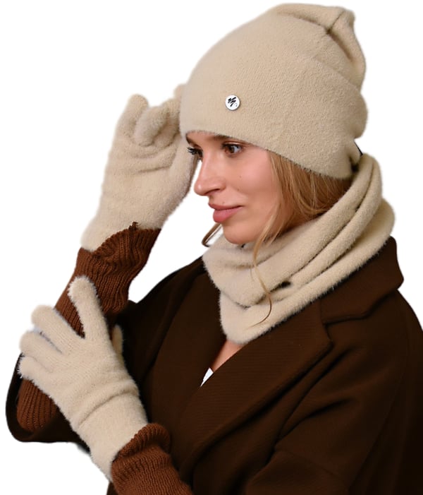 Beige damset mössa, tubhalsduk och handskar varm vinterset