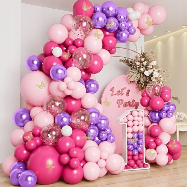Ballongirlande sommerfugle pink lilla balloner til fødselsdag 1. fødselsdag xxl 133 stk.