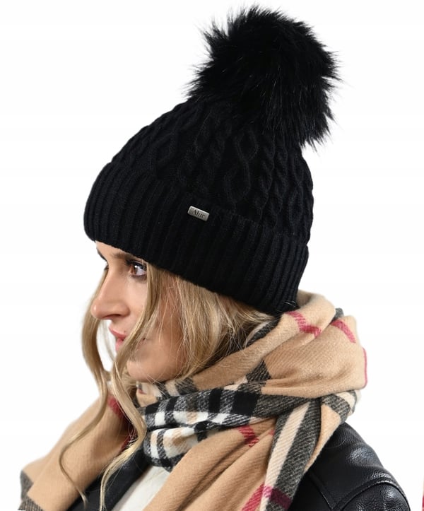 Svart vintermössa varm dammössa med pompom