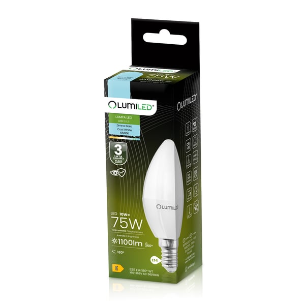 6x LED-pære E14 stearinlys B35 10W = 75W 1100lm 6500K koldt hvidt 180° LUMILED