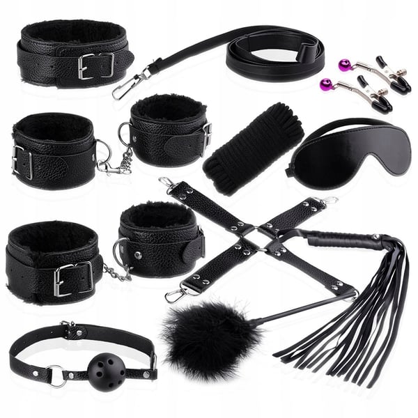 Sexgadgets håndjern pelskrave bdsm sæt læderpisk til par