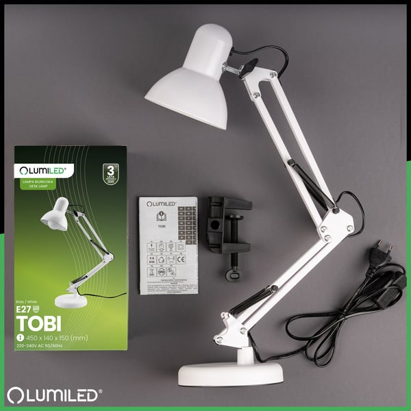 Pöytälamppu piirustus E27 TOBI valkoinen Lumiled ja kiinnike työpöydälle