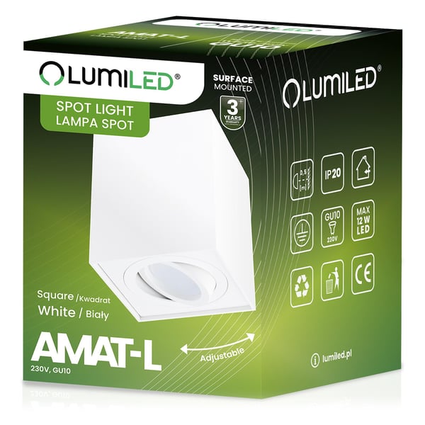 Pinta-asennettava HALOGEENI Spotputki Liikuteltava GU10 Neliö Valkoinen 115 mm AMAT-L LUMILED