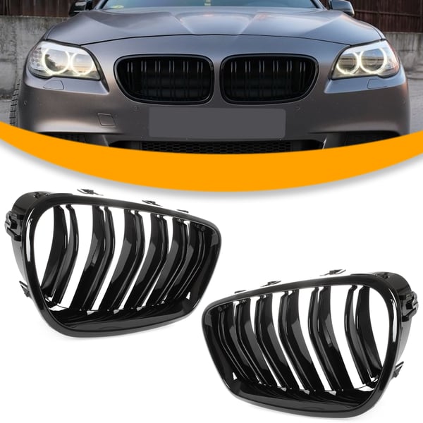 BMW 5 F10 / F11 10-17 galler mellan strålkastarna (njurarna) vänster + höger set SVARTA GLANSANDE DUBBELBAR