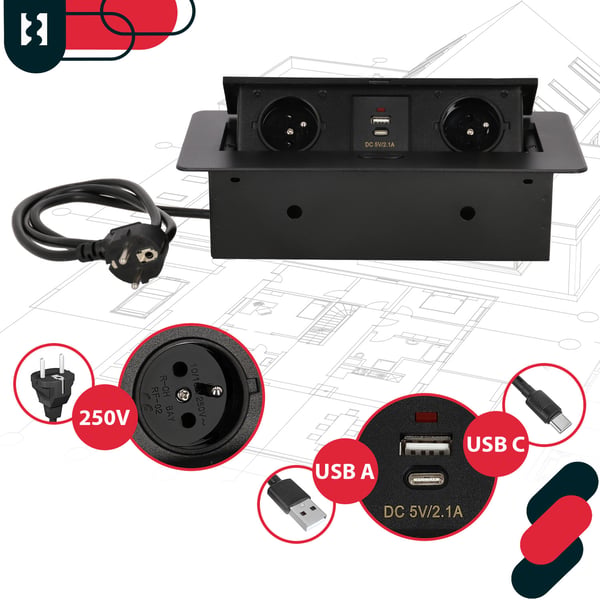KOTARBAU® Indbygning bænkuttag Kombibox 2 udtag 230V + USB A+C