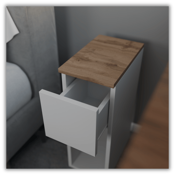 SMAL VIT SÄNGSKÅP 20 CM BORD MED 1 LÅDA SCANDINAVIAN FÖR SOVRUM