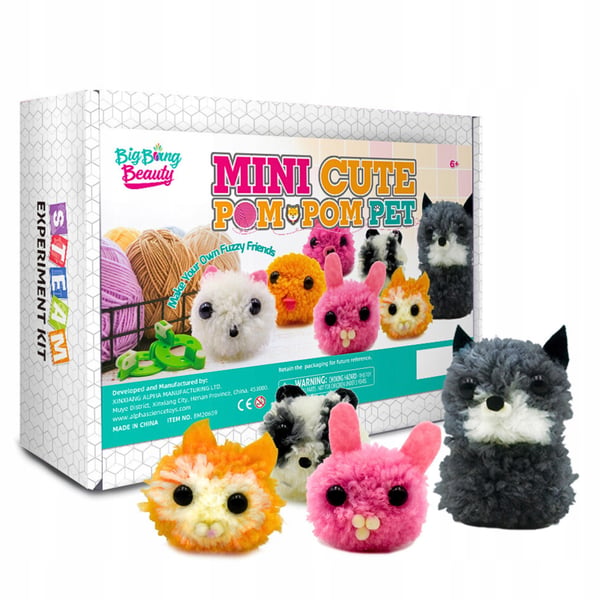 Virknadsset för djur katt kanin pom-poms garn för barn