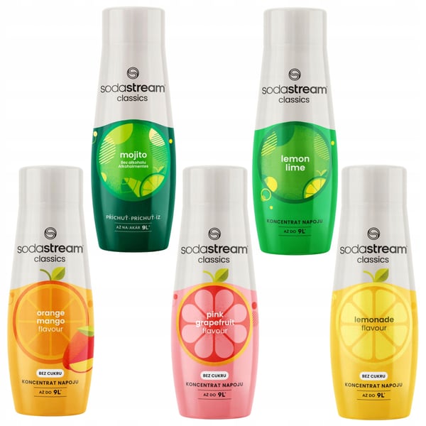 Sodastream siirappisarja Sitruuna-Lime ja Limonaadi ja Greippi ja Appelsiini-Mango ja Mojito