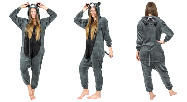 Varm herre kigurumi pyjamas onesie vaskebjørn heldragt med lynlås s Grå vaskebjørn onesie kostume - S