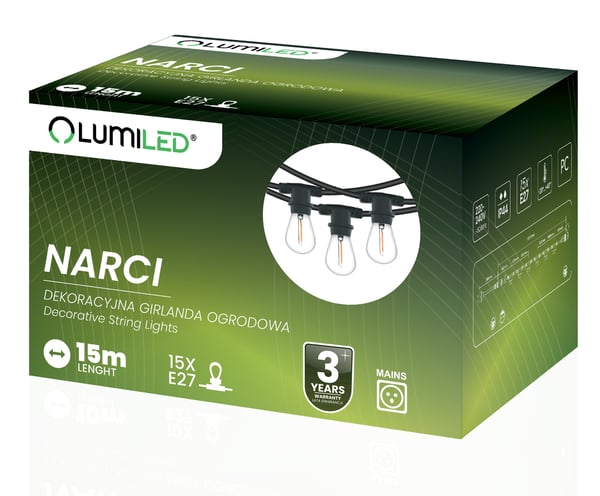 Udendørs have guirlande lyskæde 15m 15x E27 NARCI LUMILED