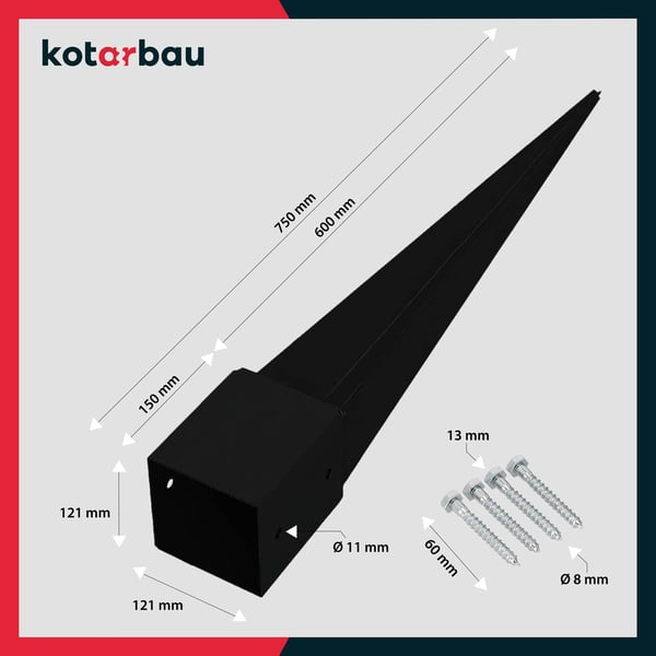 Kotarbau® Teräksinen maa-ankkuri pergoloille, huvimajoille, 121 x 121 x 750 mm, musta, 2 kpl:n sarja