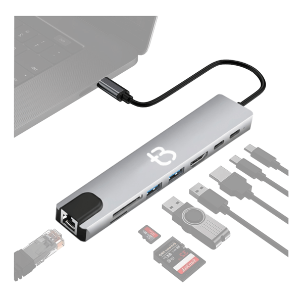 USB-C 8-i-1 hub adapter RJ45 100Mb/s HDMI 4K USB 3.0 til Windows/Mac/Steam