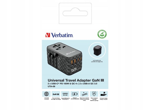 Verbatim UTA-06 GaN III globaali matkasovitin 2xUSB-C PD QC 4+ 100W, 2xUSB-A QC 3.0 18W