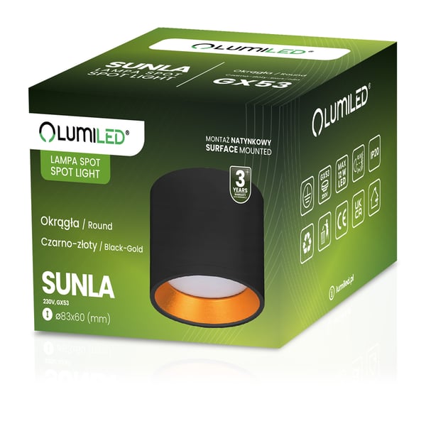 HALOGEENI-valaisin, pinta-asennettava, SUNLA Tuba Gx53 LED-kohdevalaisin, kattovalaisin, sylinteri, musta ja kulta, LUMILED