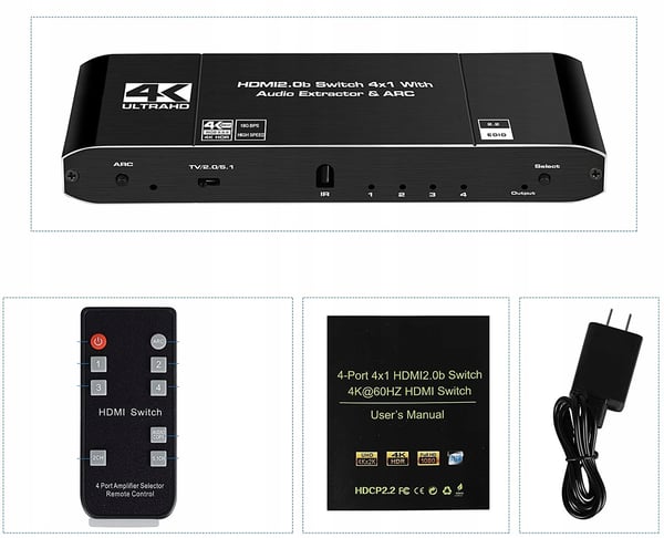 HDMI 2.0-switch 4x1 split ljudextraktor 4K
