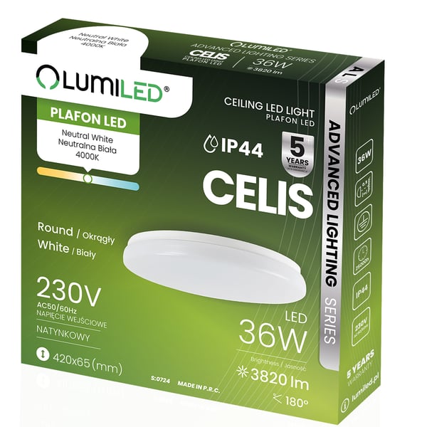 LED-plafond taklampa påbyggnadsmontering 36W 4000K CELIS rond IP44 ALS LUMILED