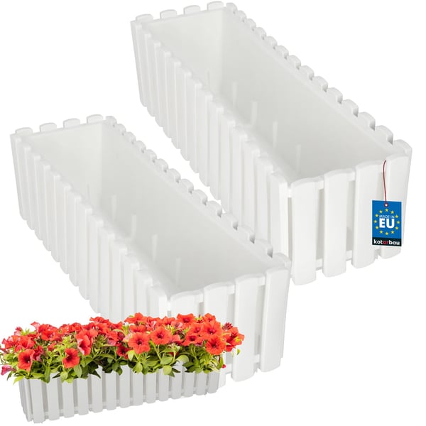 Blomkruka för balkongräcke, terrass, rustik, vit, 60 cm, 2 st.