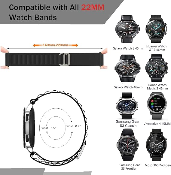 Samsung Galaxy Watch / Amazfit / Huawei -kellon ranneke, musta, nailon, 22 mm