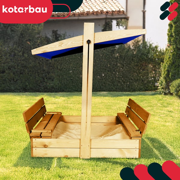 KOTARBAU® Stor sandlåda i trä med blått tak, impregnerad, sluten, med bänkar, 100 x 100 cm