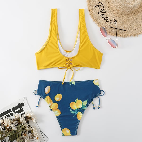 Todelt bikini badedragt med bindebånd, høj talje, citronprint, XL Todelt bikini badedragt med bindebånd, høj talje, citronprint, XL