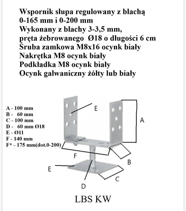 SÄÄDETTÄVÄ PILARIN JALKA 0-165 MM NELIÖ, KELTAINEN SINKITTY - LBS KW