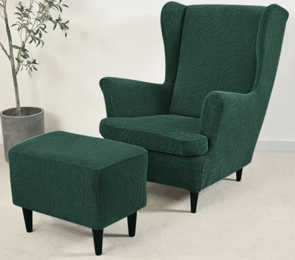 Päällinen siipimäiseen nojatuoliin, pullonvihreä sametti, jacquard-kuvio, kuminauha [30-Z3-ZLB]