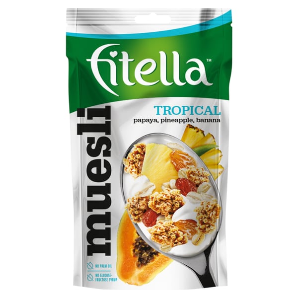 Fitella Tropical Crispy Mysli papaijalla, ananaksella, banaanilla ja chiasiemenillä 50 g