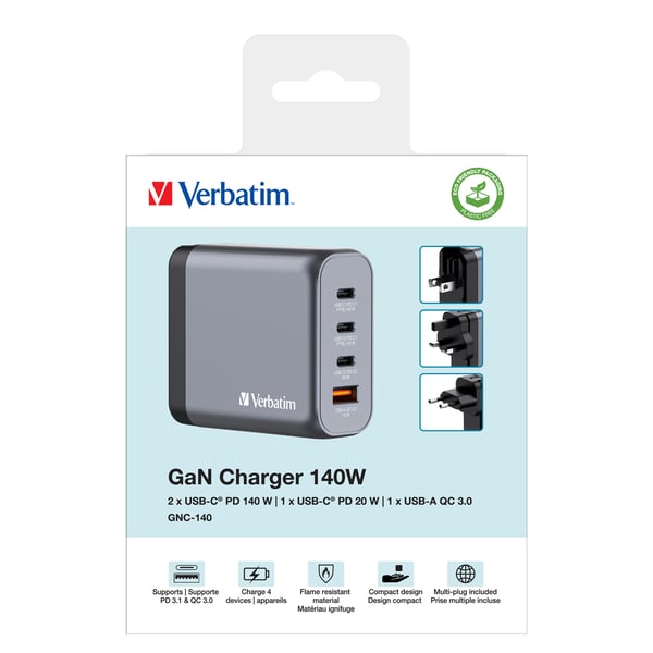 Verbatim GaN GNC-140 Vægoplader 3xUSB-C PD (2x140W+20W) 1xUSB-A QC 3.0
