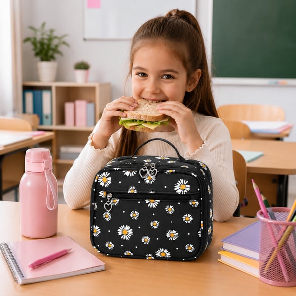 Daisy Print -koulureppu tytöille, 3-in-1 -setti, penaali, lounasrasia