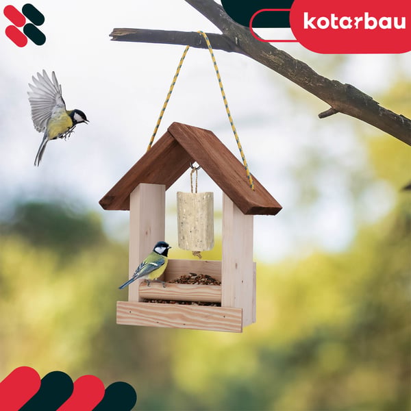 KOTARBAU® Ophængt fuglefoderautomat åben kasse til altan/have træ 270 x 230 x 135 mm + foder 0,5 kg