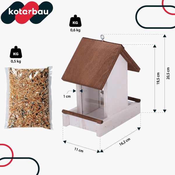 Kotarbau® Riippuva lintujen ruokintalaite parvekkeelle ja puutarhaan, puu, valkoinen, 190 x 130 x 135 mm + ruokinta-aine 0,5 kg