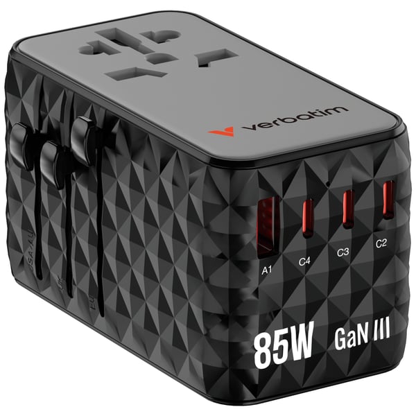 Verbatim Charge 'n' Travel GaN III -maailmanlaajuinen adapteri, 4 x USB-C PD 3.0 QC 4+ 70 W, 1 x USB-A QC 4+ 60 W