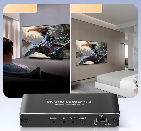 HDMI 2.1 SPLITTER 1x2 ULTRAHD SPLITTER HDCP 2.3 8K60HZ 4K 120HZ - 2 TV'er