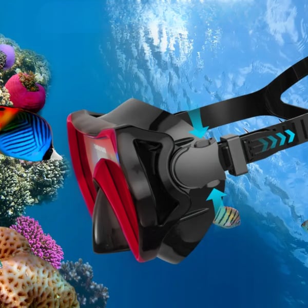 Dykset mask med slang, snorkel och simglasögon för snorkling