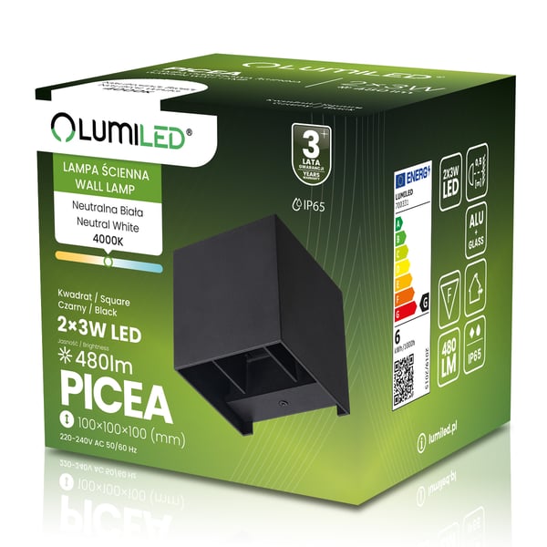 Vägglampa trädgård fasad LED 2x3W 4000K justerbar upp ned svart PICEA LUMILED