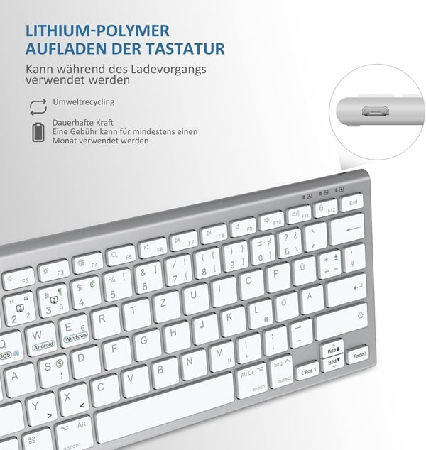 Trådløst Bluetooth-tastatur sølv og hvid QWERTZ tysk