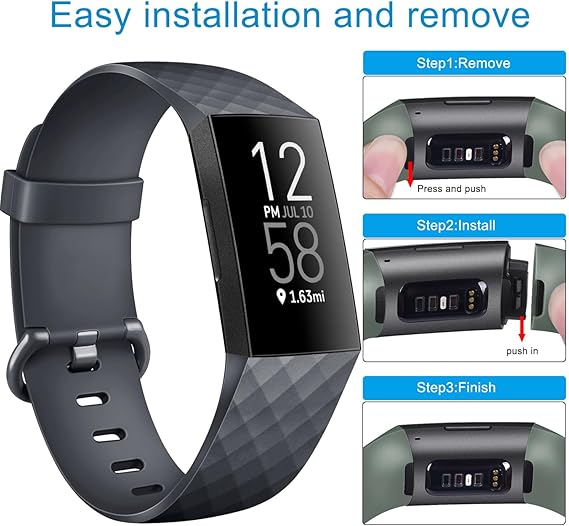 Fitbit Charge 3/4 -ranneke, musta, harmaa, TPU-vedenpitävä ranneke, L, 2 kpl