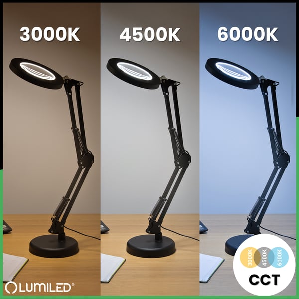 Skrivbordslampa LED 8W CCT ritning bordlampa 3x glasförstoring lupa LUCA 2 svart LUMILED