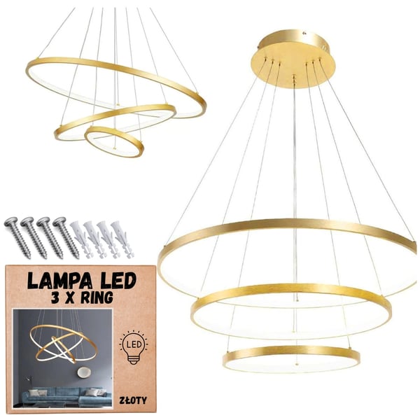 LED loftspendellampe, lysekrone, 3 ringe, 76w, guldfarvet, justerbar, NEUTRAL