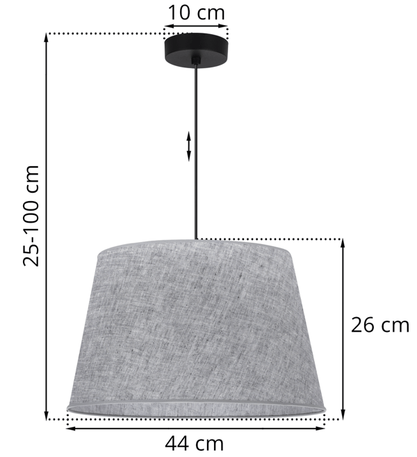 Hængelampe, linnedkegle, sort, 1 flad, grå lampeskærm L03 44cm