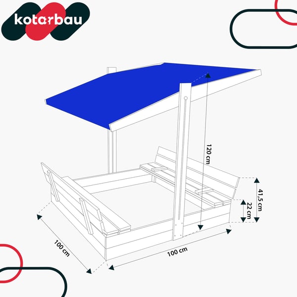 KOTARBAU® Stor sandlåda i trä med blått tak, impregnerad, sluten, med bänkar, 100 x 100 cm