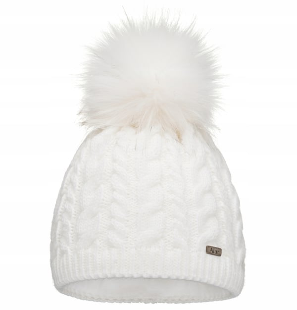 Vit varm damvintermössa med pompom, isolerad med fleece beanie universalstorlek